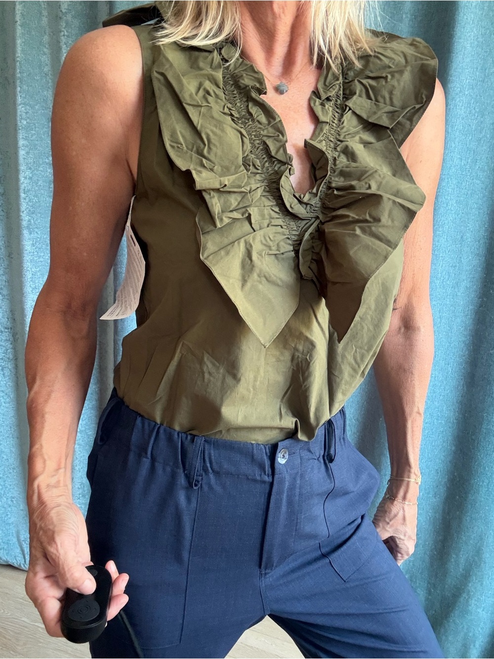 Marni Olive Green Ruffle Sleeveless Blouse